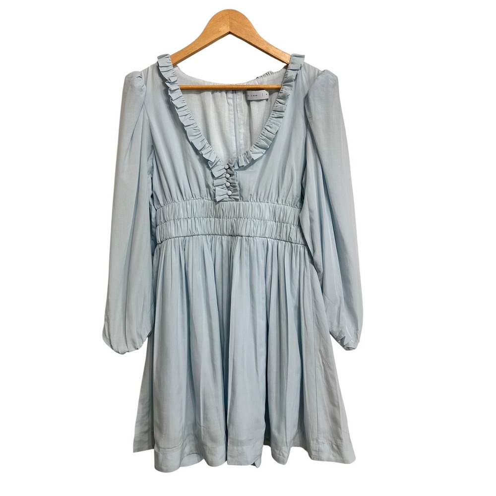 JL Luxe women's blue Linen Ruffle Smocked‎ Mini Dress Size M